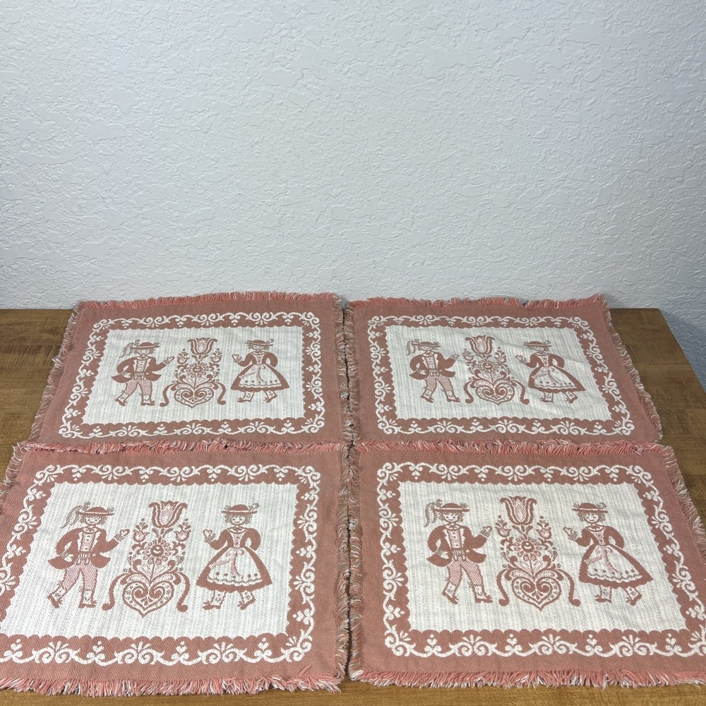 Vintage Set‎ Of 4 Austrian Placemats Pink Fringe Woven Folk Art Cotton/Linen